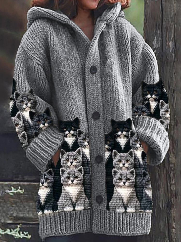 Jasmin - Gilet en Tricot Chaleureux avec Imprimé de Chat