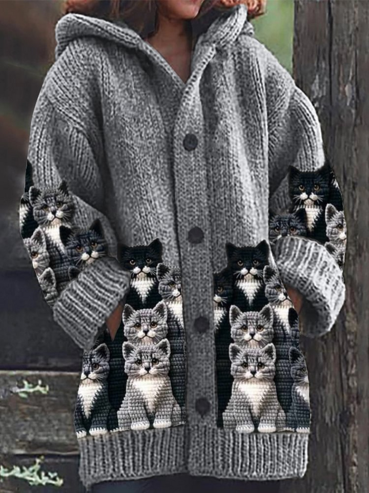 Jasmin - Gilet en Tricot Chaleureux avec Imprimé de Chat