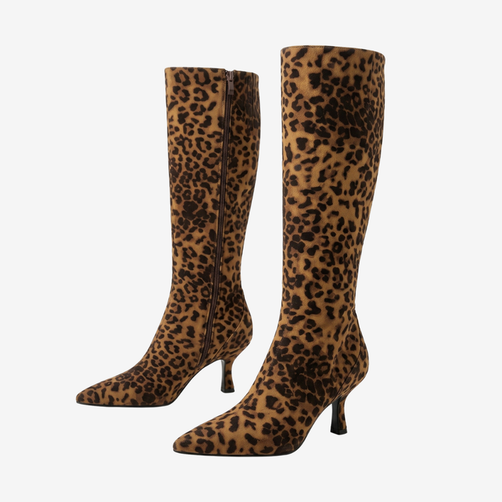 Coutivo - Bottes Genou Femme Cuir Synthétique Léopard Élégant Talon Aiguille