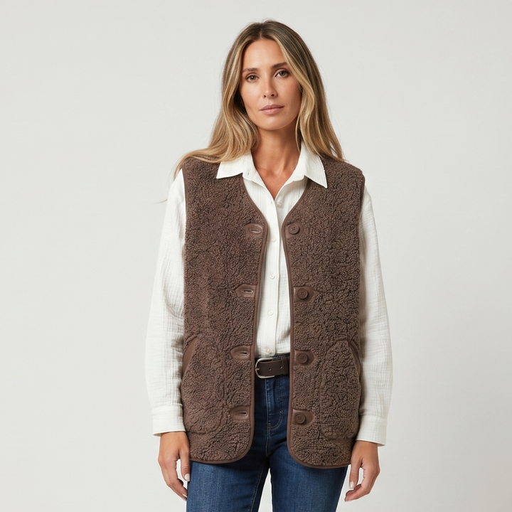 Coutivo - Gilet Femme Sherpa Chaud Coupe Relax Sans Manches Boutonné