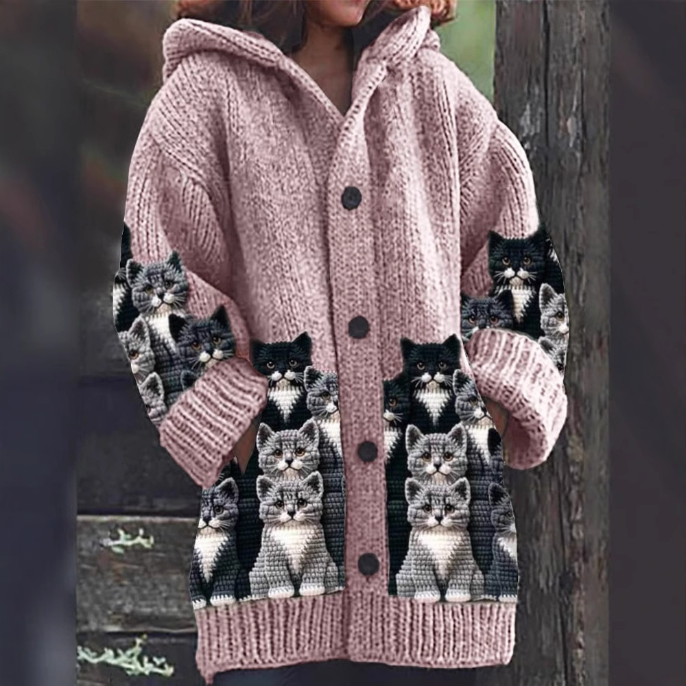 Jasmin - Gilet en Tricot Chaleureux avec Imprimé de Chat
