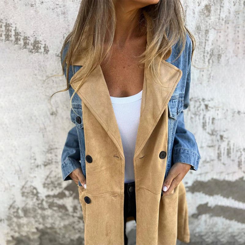 Veste en Denim Patchwork avec Revers