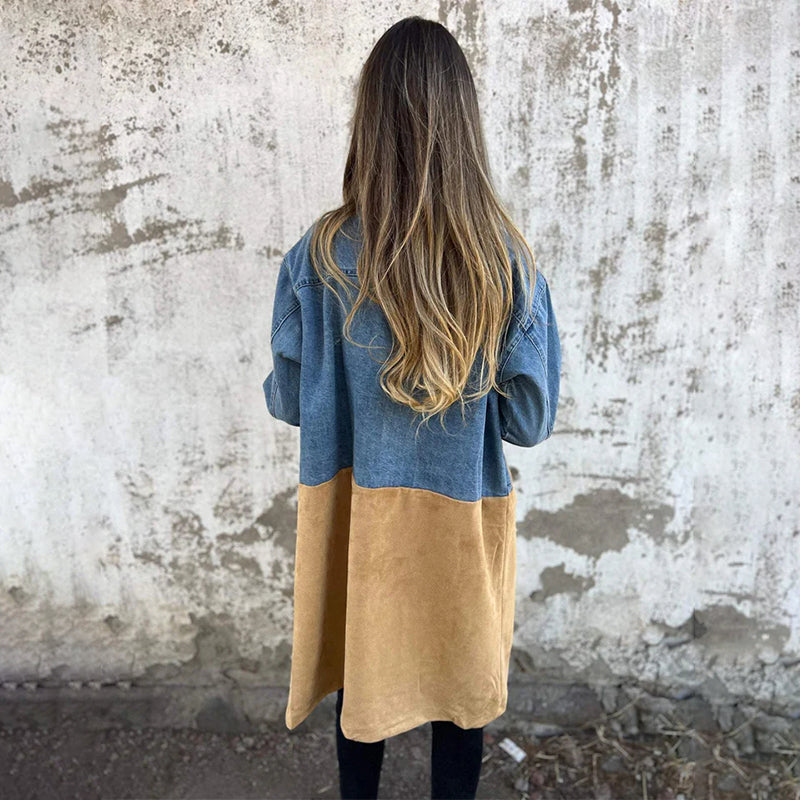 Veste en Denim Patchwork avec Revers