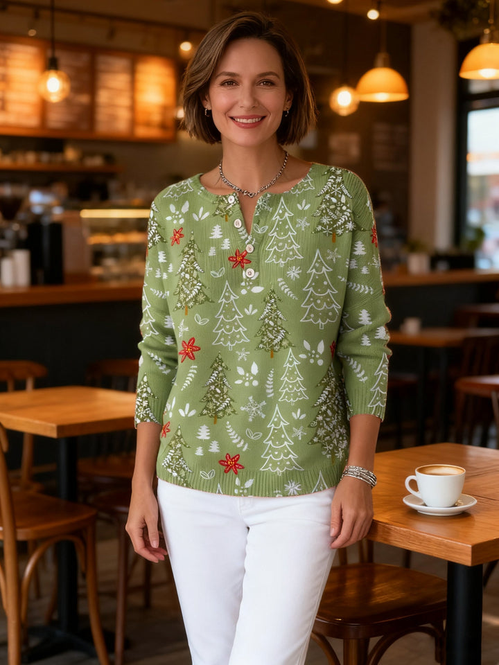 Pull de Noël Femme Col Boutonné – Pull Festif Élégant et Chaud