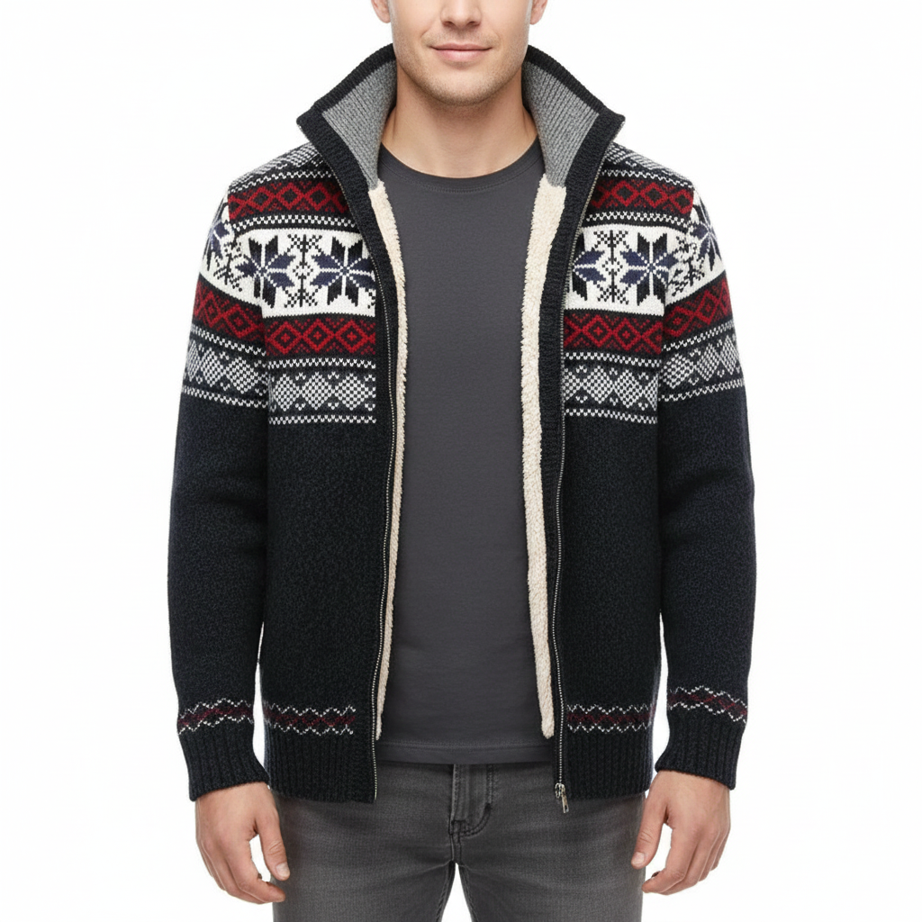 Moris Gilet Fleece Homme – Veste Jacquard Hiver à Col Haut &amp; Motifs Scandinaves