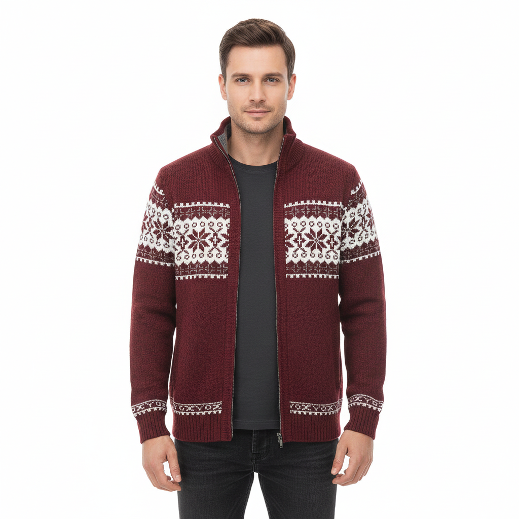 Moris Gilet Fleece Homme – Veste Jacquard Hiver à Col Haut &amp; Motifs Scandinaves