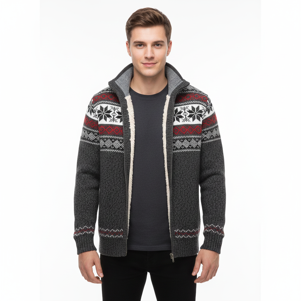 Moris Gilet Fleece Homme – Veste Jacquard Hiver à Col Haut &amp; Motifs Scandinaves