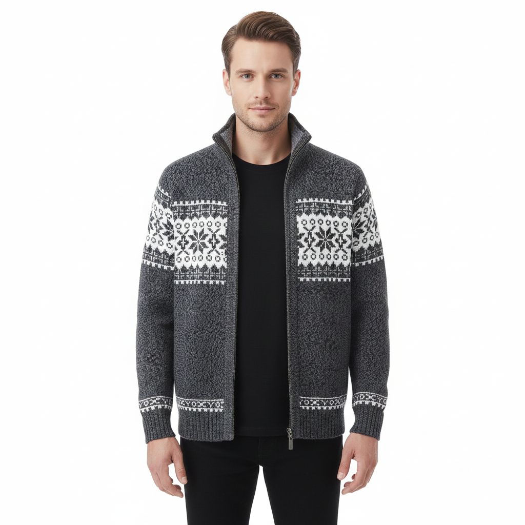 Moris Gilet Fleece Homme – Veste Jacquard Hiver à Col Haut &amp; Motifs Scandinaves