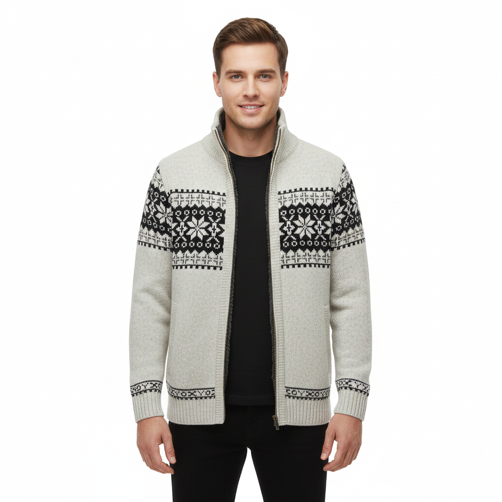 Moris Gilet Fleece Homme – Veste Jacquard Hiver à Col Haut &amp; Motifs Scandinaves