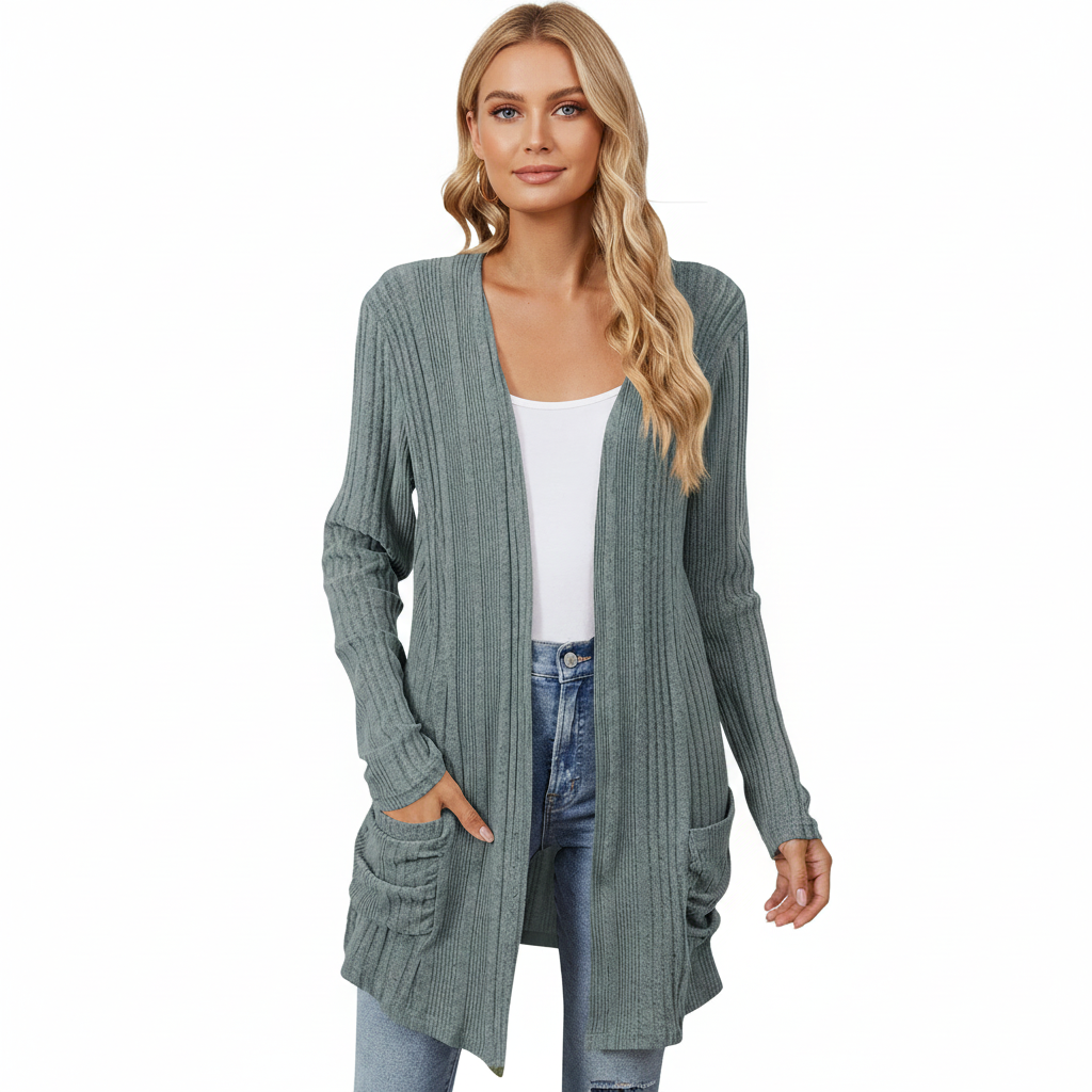 Isabelle Cardigan Long Femme – Gilet Tricot Côtelé Ouvert avec Poches &amp; Coupe Décontractée