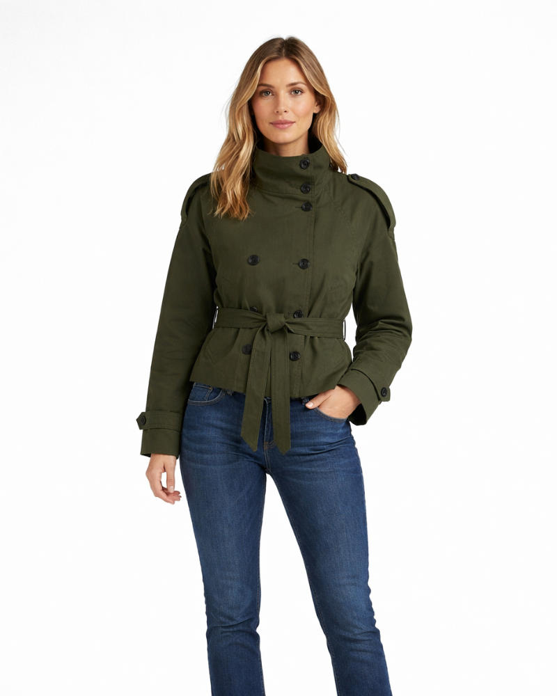Emerald Trench Femme Court – Double Boutonnage, Ceinture Taille, Veste Automne Élégante
