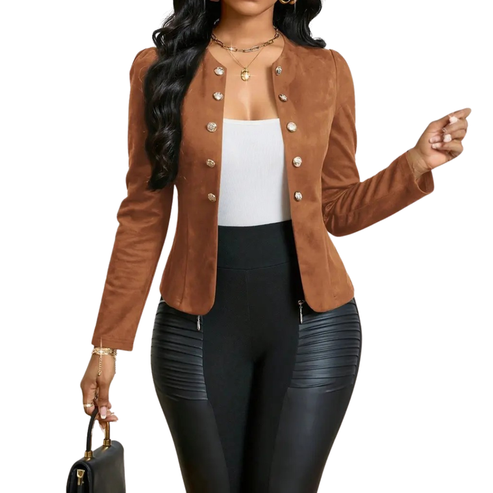 Blazer Court avec Épaules – Veste Décolleté en V avec Bouton Double