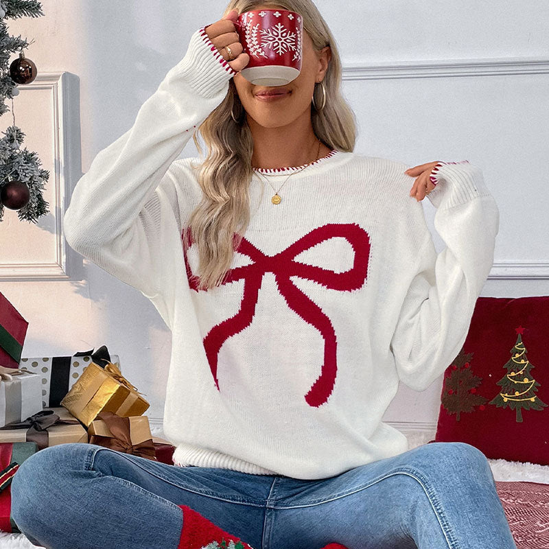 Pull de Noël Femme Nœud Brodé – Pull Festif Chic pour Noël