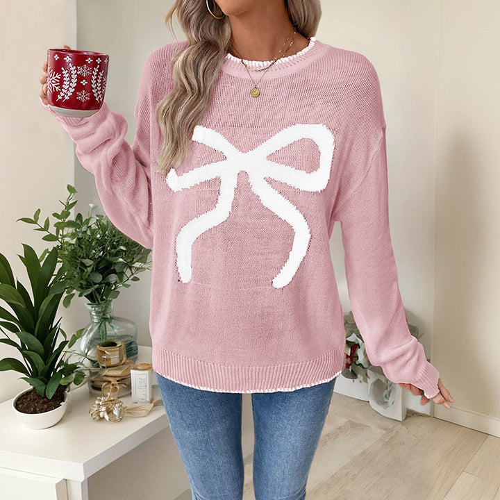 Pull de Noël Femme Nœud Brodé – Pull Festif Chic pour Noël
