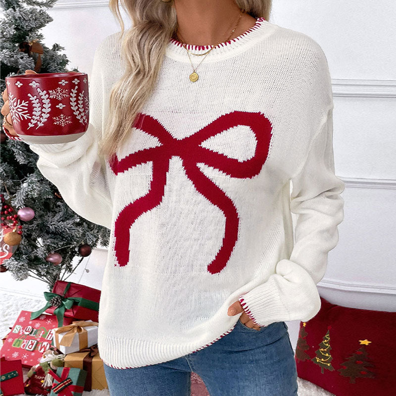 Pull de Noël Femme Nœud Brodé – Pull Festif Chic pour Noël