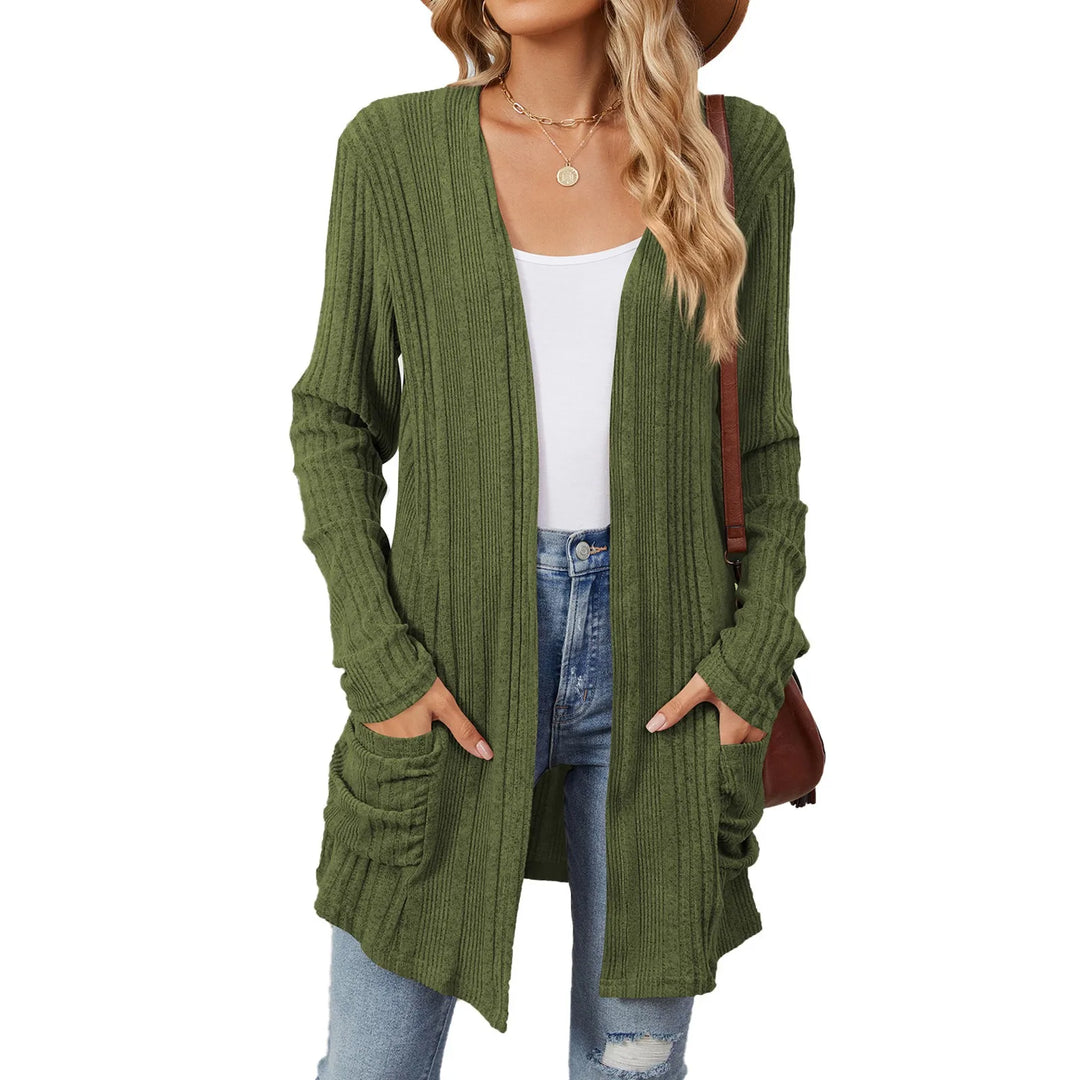 Isabelle Cardigan Long Femme – Gilet Tricot Côtelé Ouvert avec Poches &amp; Coupe Décontractée