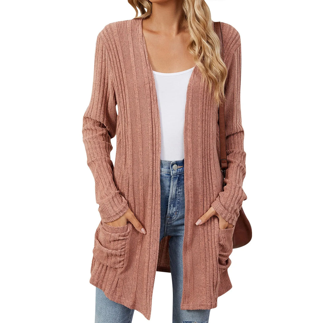 Isabelle Cardigan Long Femme – Gilet Tricot Côtelé Ouvert avec Poches &amp; Coupe Décontractée