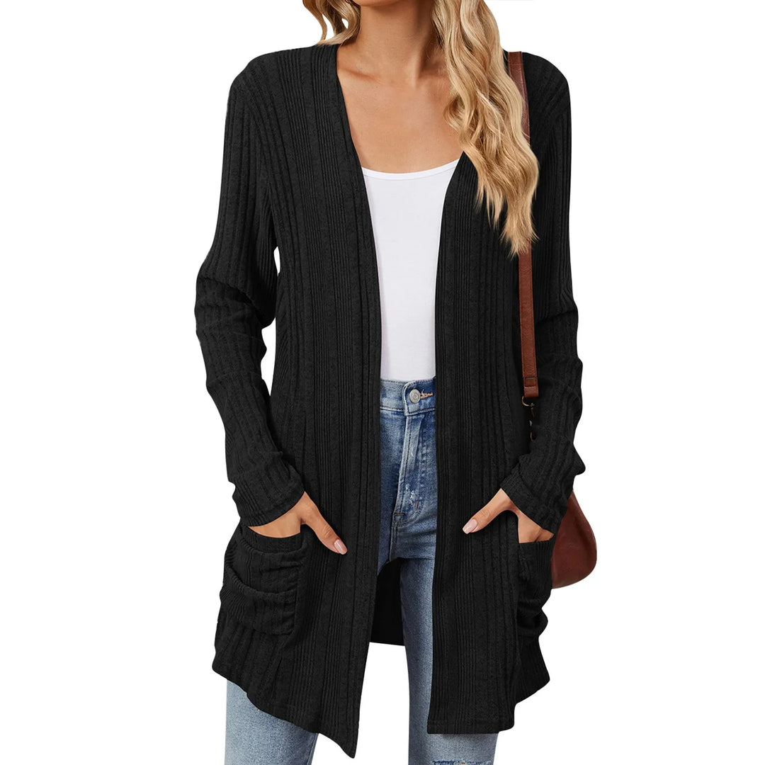 Isabelle Cardigan Long Femme – Gilet Tricot Côtelé Ouvert avec Poches &amp; Coupe Décontractée