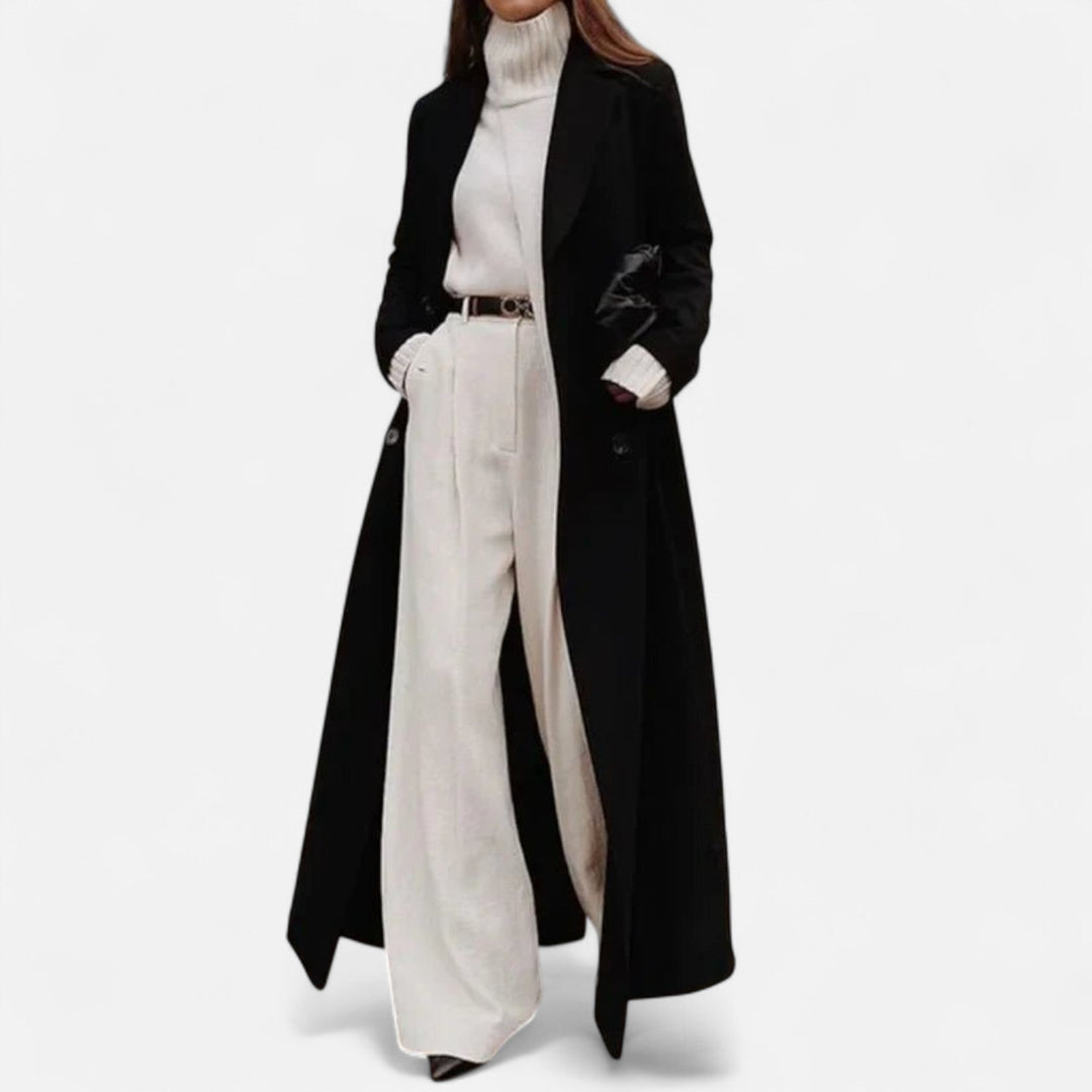 Isolde Manteau Long Noir Femme – Coupe Élégante avec Col Revers Classique &amp; Boutonnage Chic