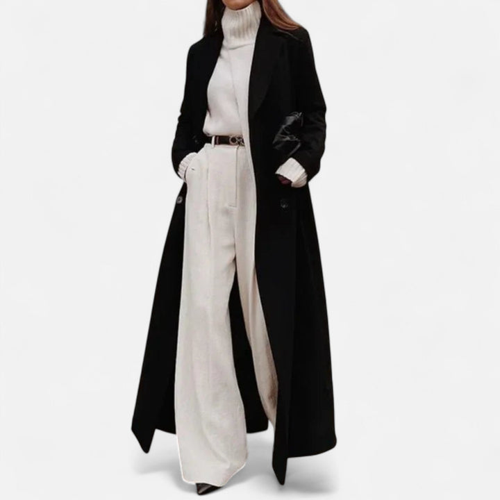 Isolde Manteau Long Noir Femme – Coupe Élégante avec Col Revers Classique &amp; Boutonnage Chic