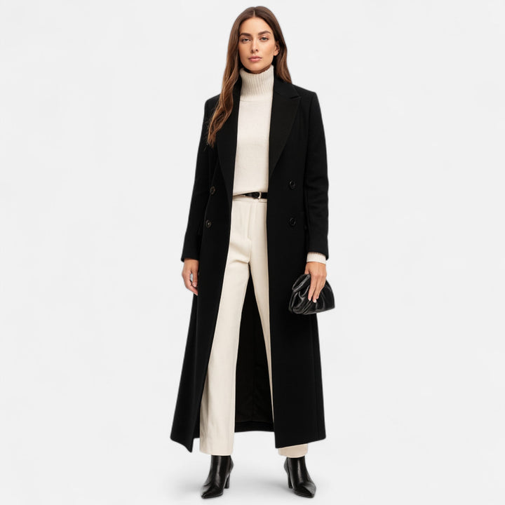 Isolde Manteau Long Noir Femme – Coupe Élégante avec Col Revers Classique &amp; Boutonnage Chic