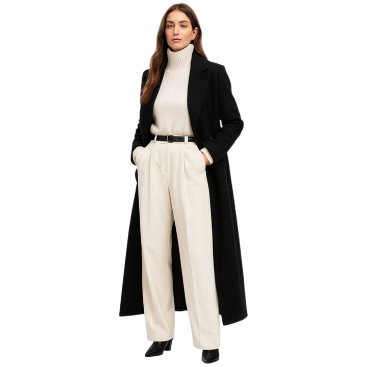 Isolde Manteau Long Noir Femme – Coupe Élégante avec Col Revers Classique &amp; Boutonnage Chic