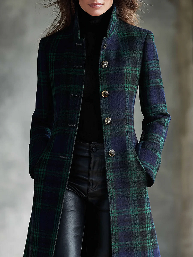 Veste midi à carreaux bleu-vert rétro avec blocs de couleur