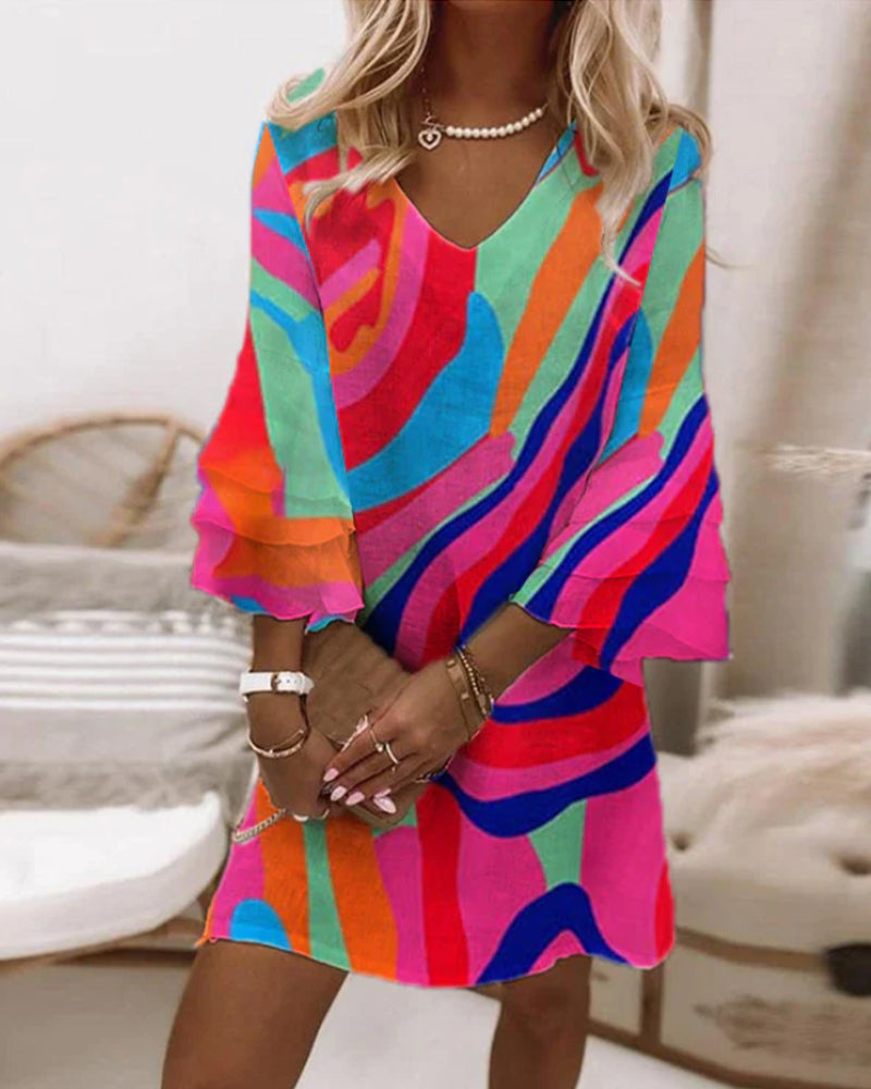 Bertille - Robe Fluide À Manches Cloche Avec Imprimé Multicolore Tendance - Auvoire Paris