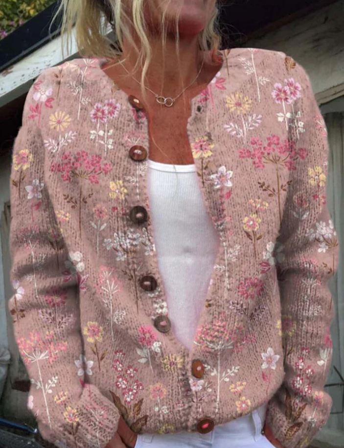 Iris | Élégant cardigan rose avec imprimé floral