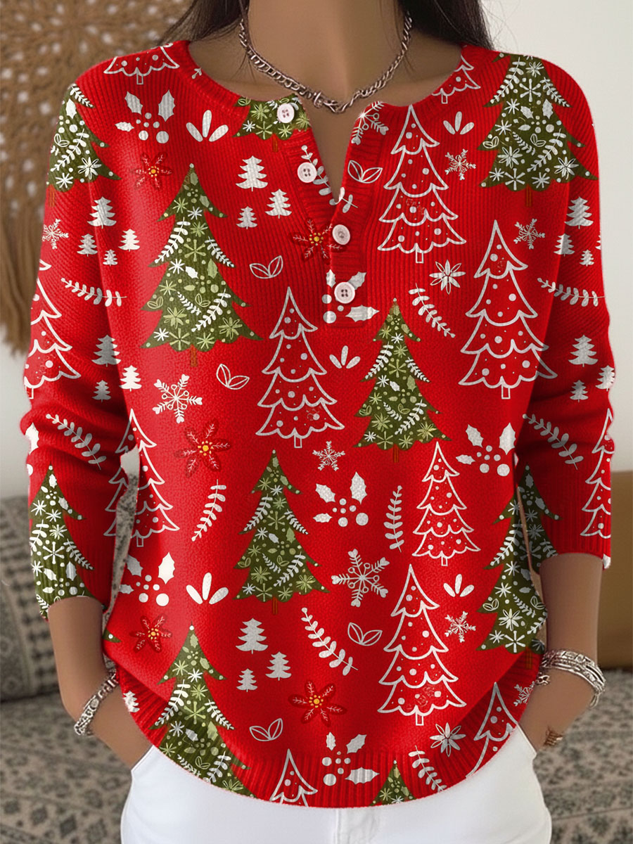 Pull de Noël Femme Col Boutonné – Pull Festif Élégant et Chaud