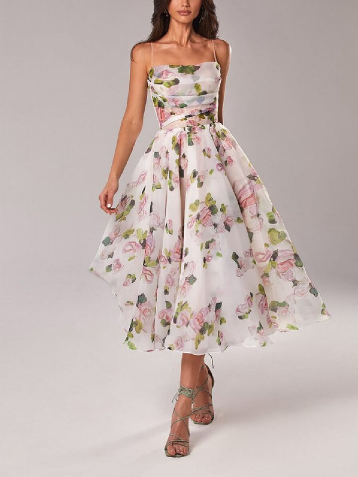 Robe midi évasée à bretelles fleuries pour femme
