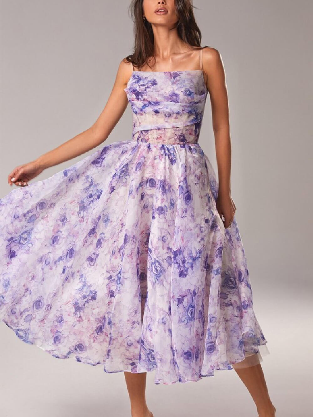 Robe midi évasée à bretelles fleuries pour femme