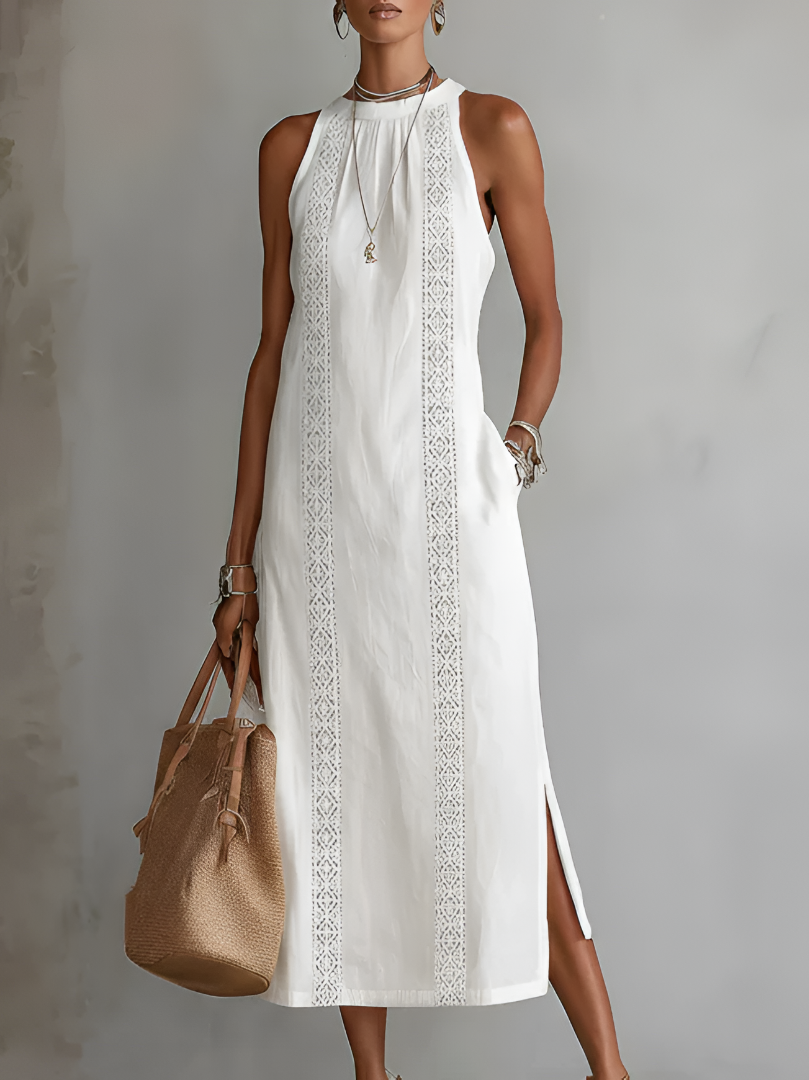 Robe midi brodée col montant à fentes pour femme
