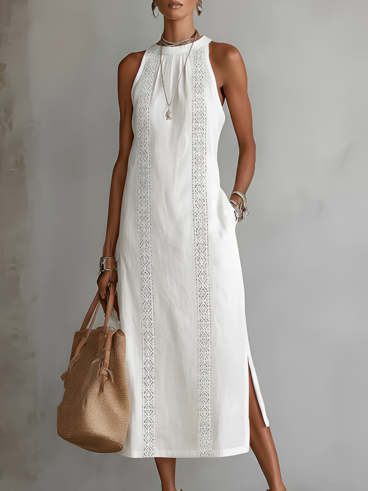Robe midi brodée col montant à fentes pour femme