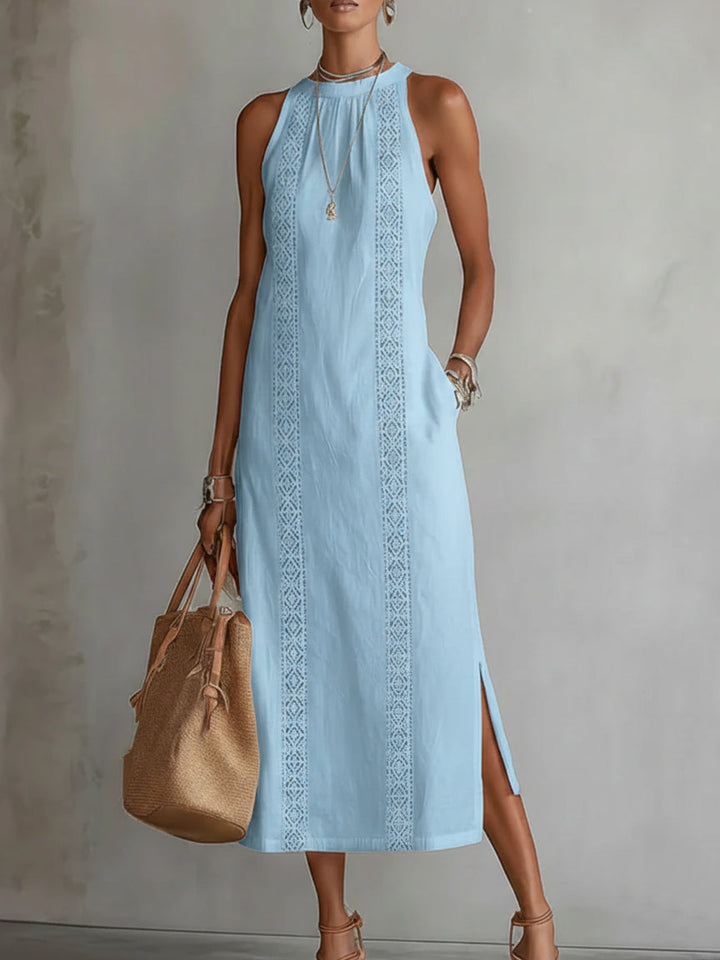 Robe midi brodée col montant à fentes pour femme