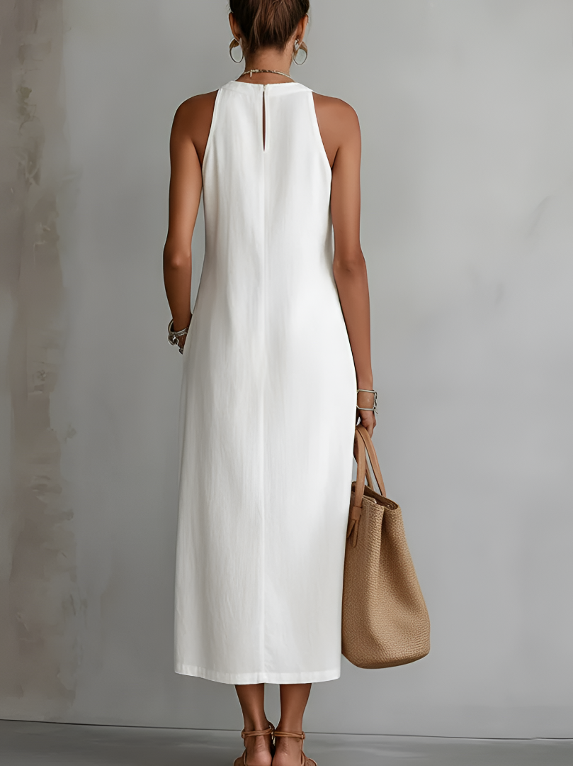 Robe midi brodée col montant à fentes pour femme