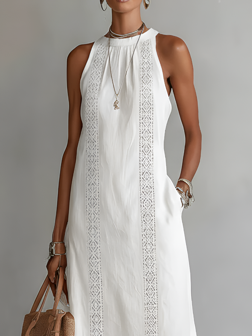 Robe midi brodée col montant à fentes pour femme
