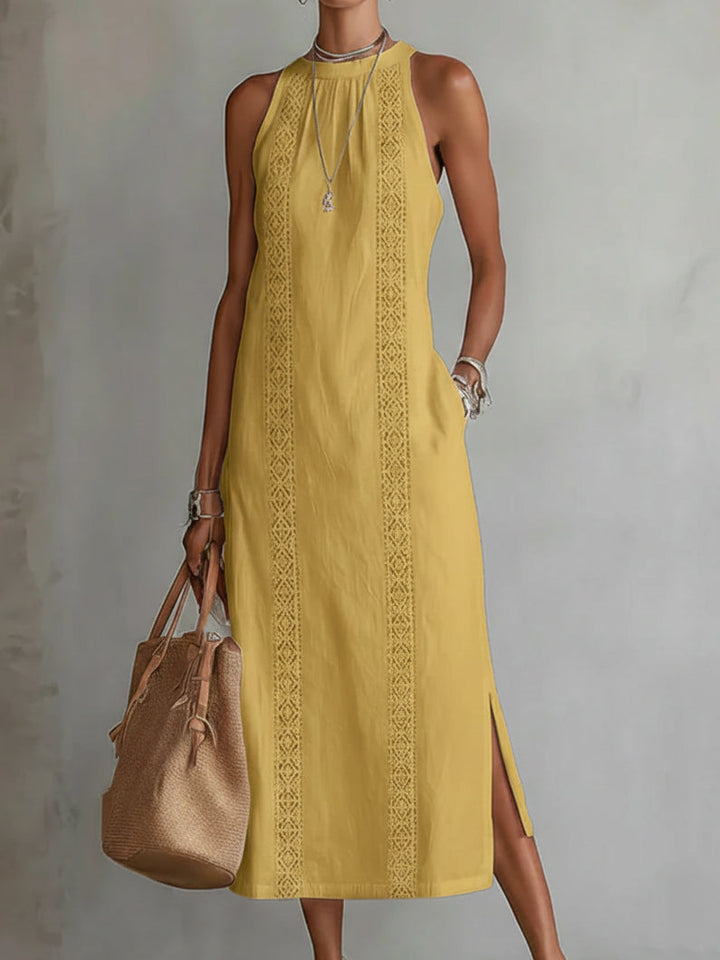Robe midi brodée col montant à fentes pour femme