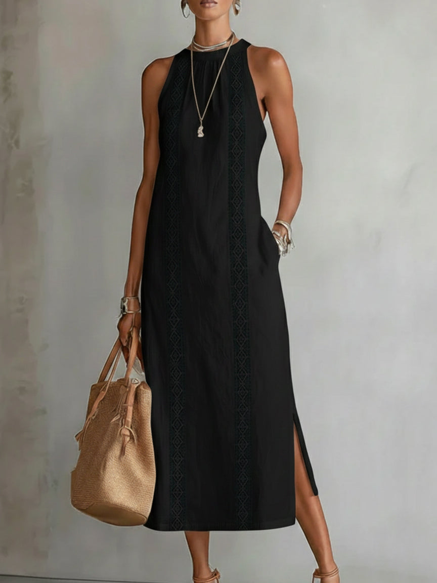 Robe midi brodée col montant à fentes pour femme