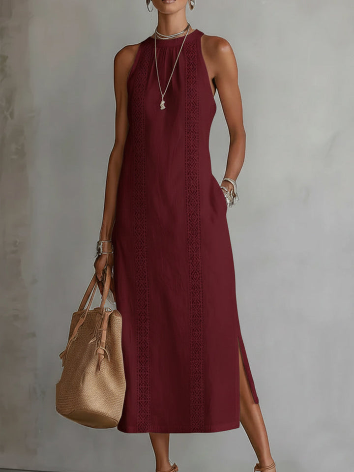 Robe midi brodée col montant à fentes pour femme