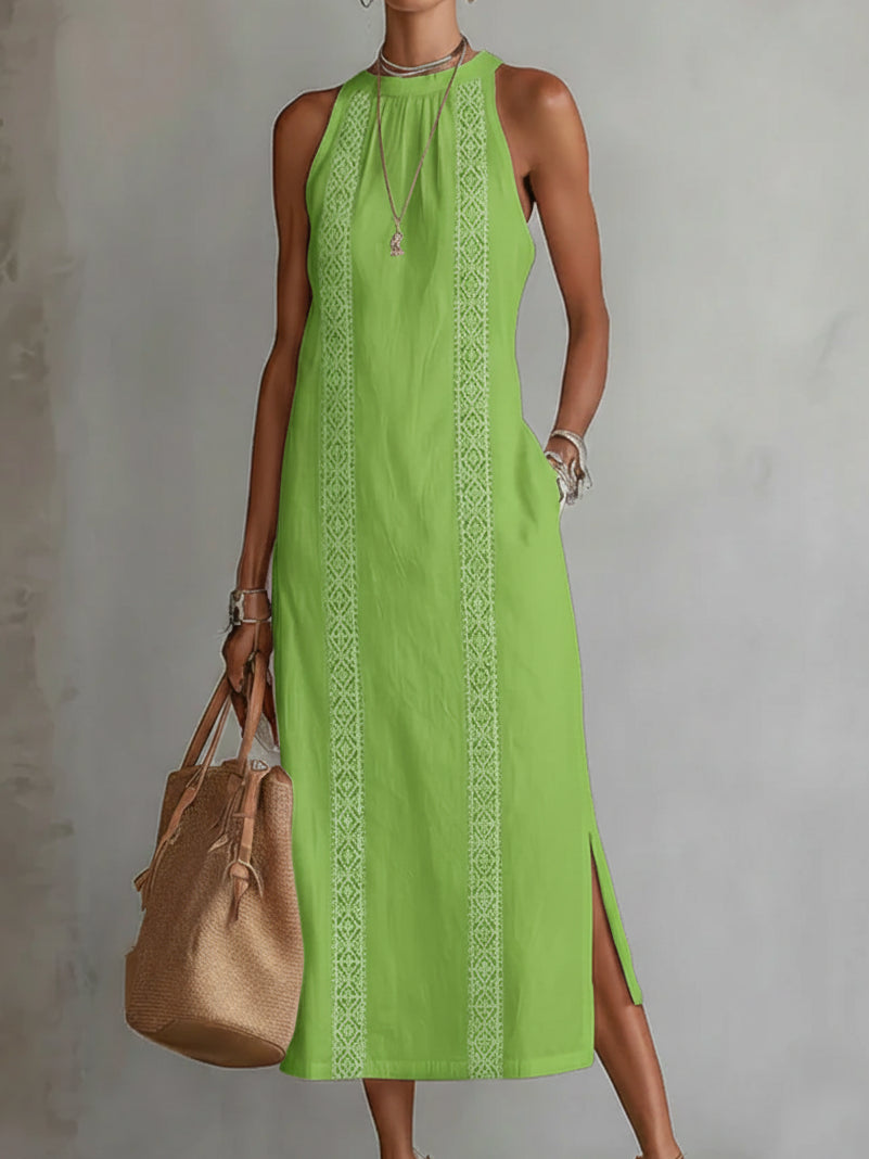 Robe midi brodée col montant à fentes pour femme
