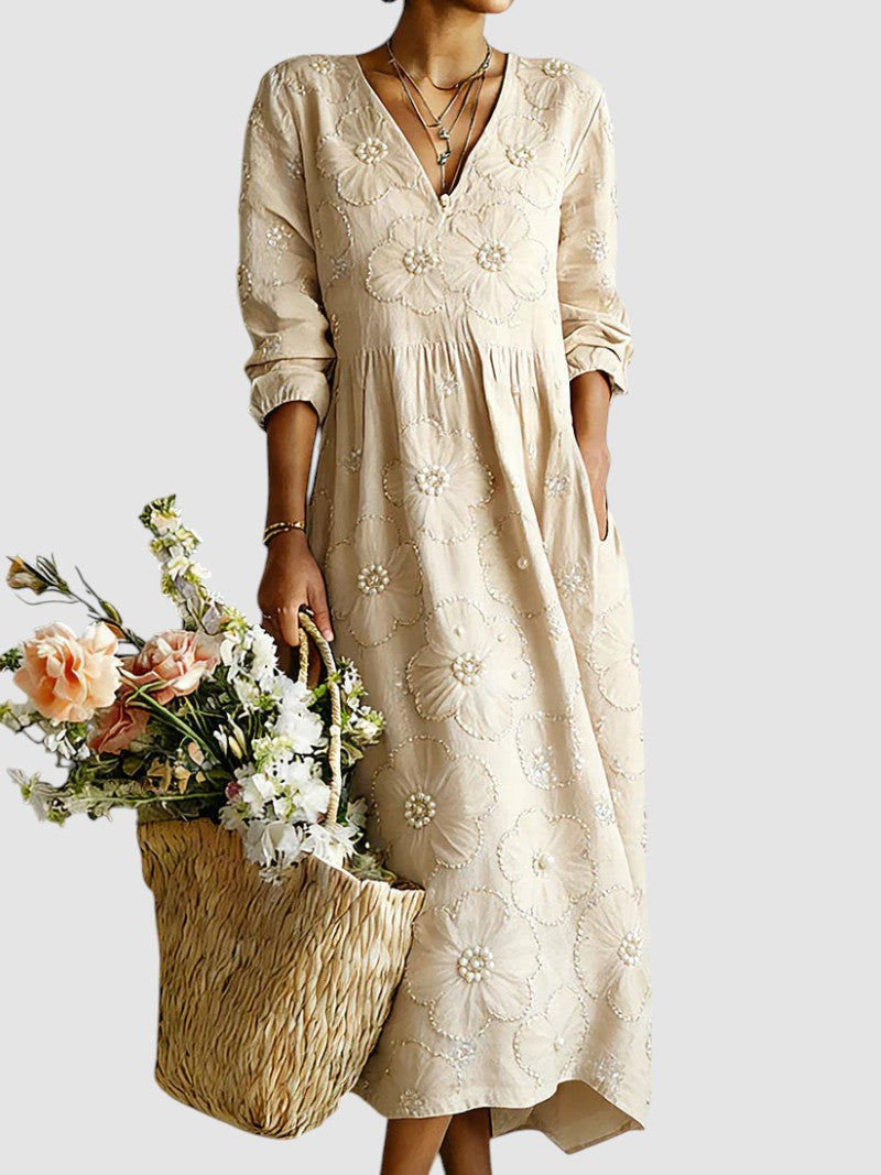 Robe midi brodée perles col V pour femme