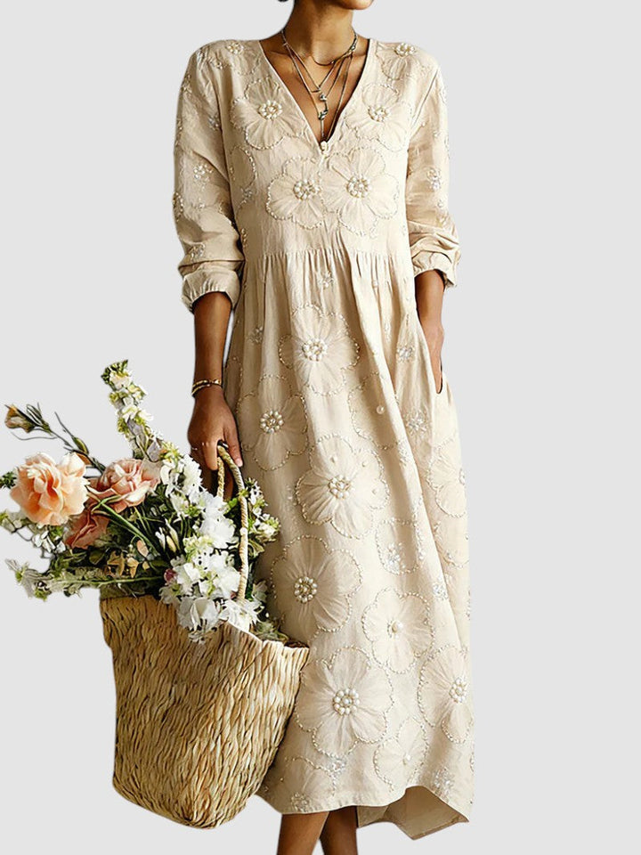 Robe midi brodée perles col V pour femme