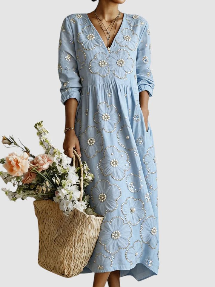 Robe midi brodée perles col V pour femme
