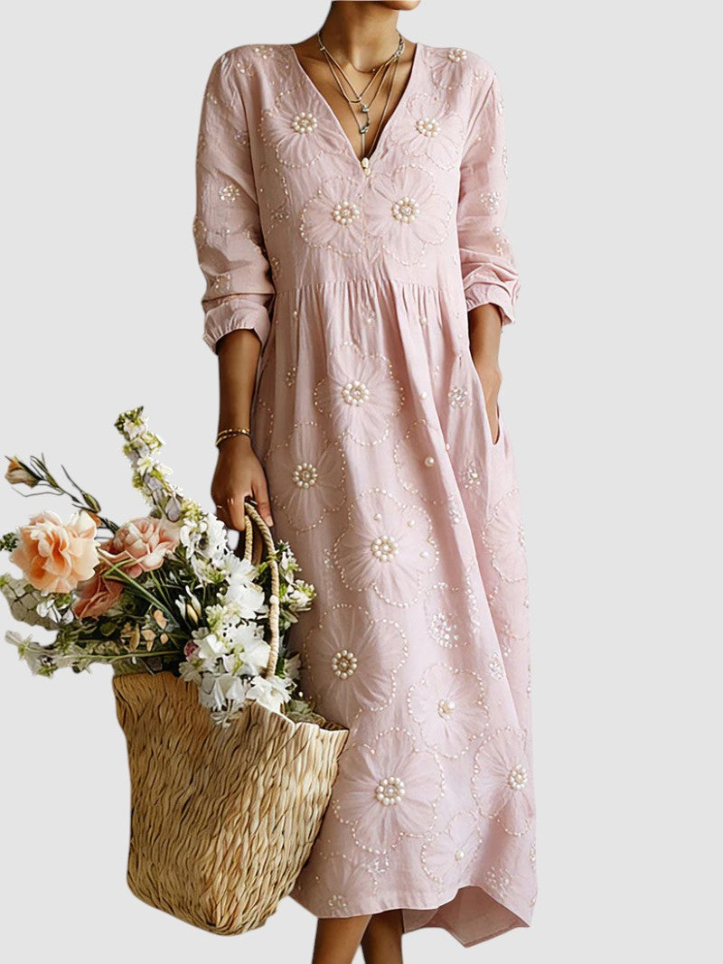 Robe midi brodée perles col V pour femme