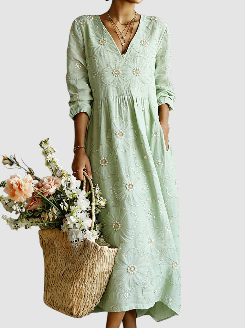 Robe midi brodée perles col V pour femme