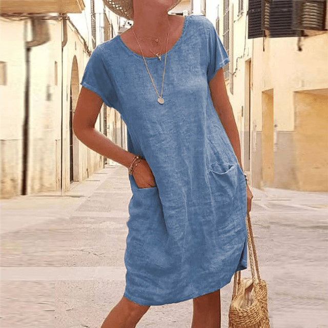 Robe midi en lin à manches courtes et poches pour femme