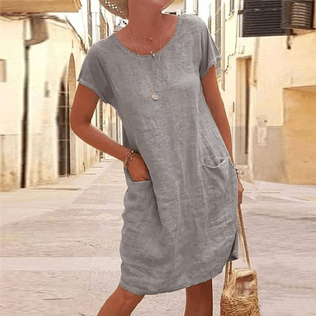 Robe midi en lin à manches courtes et poches pour femme