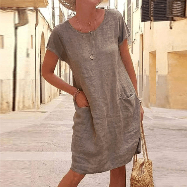 Robe midi en lin à manches courtes et poches pour femme