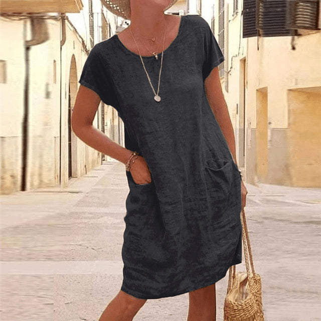Robe midi en lin à manches courtes et poches pour femme